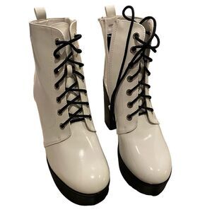 Allegra K White Lace Up/Zipper Platform Boots Size 7.5